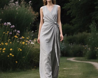 Linen Wrap Dress with Waist Tie Custom Sleeveless Maxi Dress with Side Slit Minimalist Custom Summer Dress Soft Linen Clothing for Women