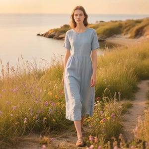 Women Linen Midi Dress with Pockets Summer Dress Linen Clothing Short Sleeve Casual Dress  Custom Handmade Sundress Minimalist Beach Dress