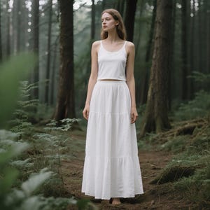 White Linen Tiered Maxi Skirt Women Elastic Waist Skirt Flowy A Line Boho Skirt With Pockets Custom Skirt Summer Fall Skirt Linen Clothing