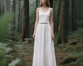 White Linen Tiered Maxi Skirt Women Elastic Waist Skirt Flowy A Line Boho Skirt With Pockets Custom Skirt Summer Fall Skirt Linen Clothing