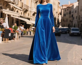 Royal Blue Velvet Dress Women, Floor Length Velvet Evening Gown, Long Sleeve Elegant Winter Formal Dress, Luxury Handmade Velvet Maxi Dress