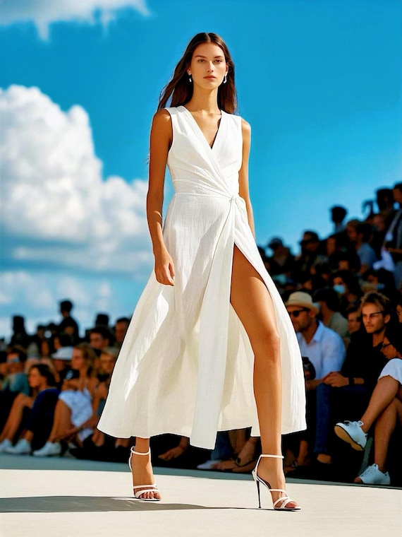 on the runway maxi dress white White Linen Wrap Maxi Dress Sleeveless Deep V-neck Wrap Dress With Fine  Front Tie Minimalist Summer Dress Handmade Resort Dress Custom Dress