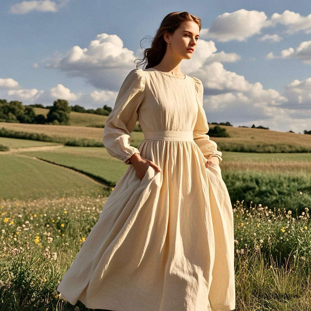 neutral flowy dress with sleeves Anthropologie Maeve Somerset Maxi Dress Puff Sleeve Tiered A-Line Neutral Dot XS