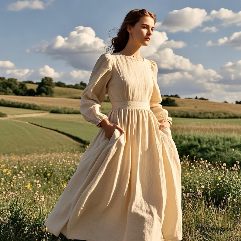 May include: A woman wearing a long, cream-colored dress with a fitted bodice and a full skirt. The dress has long sleeves with puffed shoulders and a simple neckline. She is standing in a field of wildflowers.