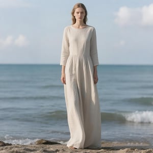 Linen Dress with Pockets Long Linen Dress Women Custom Maxi Dress 3/4 Sleeves Floor-Length Flowy Summer Fall Dress Minimalist Beach Dress