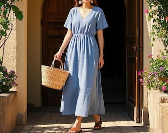 Linen Maxi Dress with with Pockets Short Sleeves V-Neck Spring Summer Dress Elastic Waist Casual Dress Cottagecore Dress Women Custom Dress