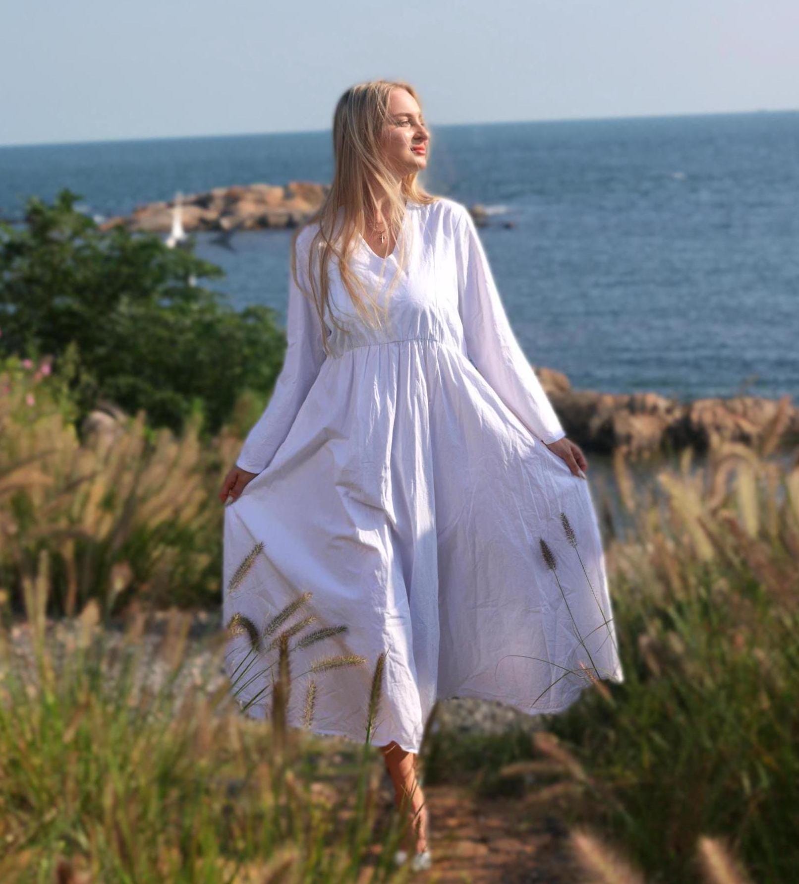 White Cotton V-neck Long Sleeve Dress Minimalist Loose-fit Maxi Dress Comfortable Women Boho Style Dress Bridesmaid Dress Spring Fall Dress - Etsy White Cotton V-neck Long Sleeve Dress Minimalist Loose-fit Maxi Dress Comfortable Women Boho Style Dress Bridesmaid Dress Spring Fall Dress - Etsy