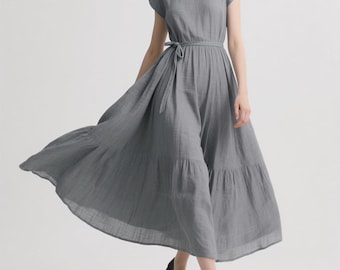 Gray Linen Tiered Maxi Dress Short Sleeve Belted Summer Dress Flowy Round Neck Dress Romantic Elegant Dress Custom Dress Plus Size Dress