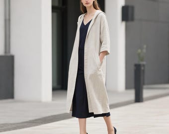 Linen Hooded Midi Coat 3/4 Sleeve Relaxed Fit Summer Fall Coat Custom Coat for Women