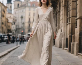 Vloeiende linnen maxi-jurk v-hals jurk met lange mouwen en riem Boho jurk kaftan linnen jurk lente zomerjurk platteland bruiloft aangepaste jurk