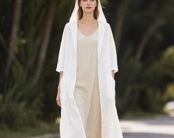 Custom Linen Midi Coat 3/4 Sleeve Hooded Loose Fit Coat Summer Coat for Women Breathable Natural Linen Coat Plus Size Clothing