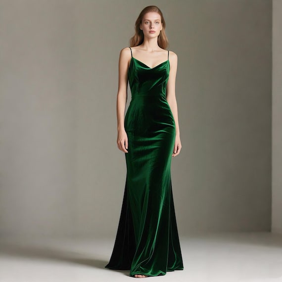 Green Velvet Slip Dress Women V Neck Dress Spaghetti Strap Dress Backless Mermaid Evening Gown Bridesmaid Formal Dress Autumn Winter Dress