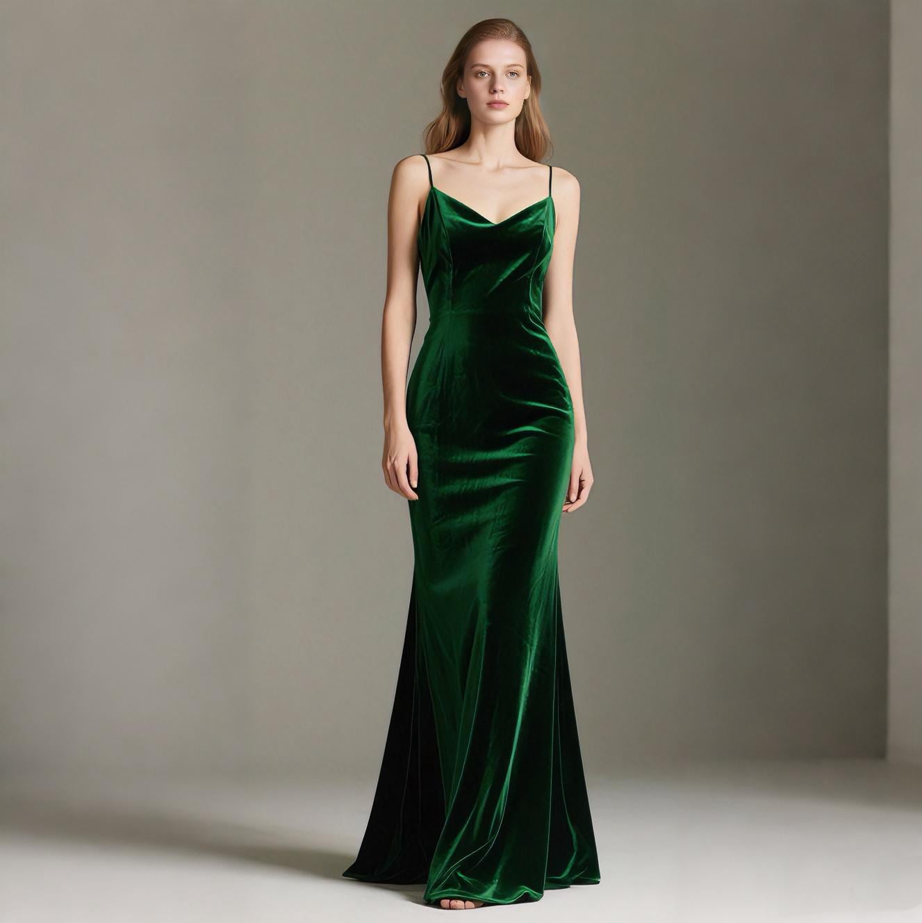 velvet green slip dress Women V Neck Dress Spaghetti Strap Dress Backless Mermaid Evening Gown Bridesmaid Formal Dress Autumn Winter Dress EDM20-BAOBAO