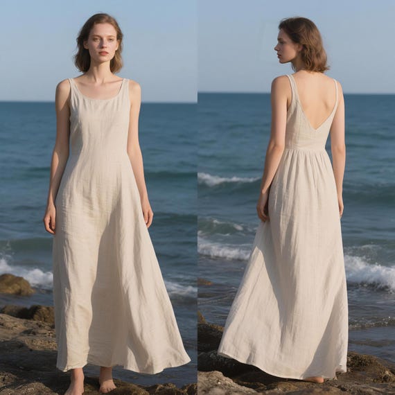 scoop back linen dress Linen Maxi Dress Women Sleeveless Scoop Neck Dress With Deep V Back Elegant  Flowy Summer Dress Custom Dress Wedding Guest Dress Kaftan Dress