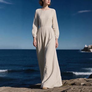 Robe longue en lin avec poches à manches longues robe élégante robe minimaliste femme robe été automne robe personnalisée robe fluide robe bohème côtière