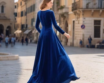 blue velvet dress for women Crushed  House Of Bailey Line Dry Velvet Gown with Structured Bodice