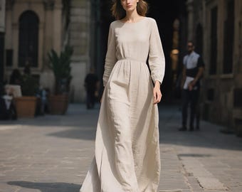 Vintage Linen Maxi Dress with Pockets Long Sleeve Cottagecore Dress Minimalist Linen Gown Modest Elegant Dress Spring Summer Custom Dress