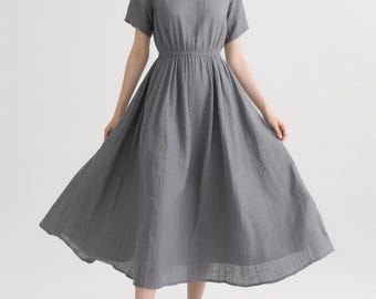 Women Linen Midi Dress With Pockets Elastic Waist Summer Fall Dress Short Sleeve Round Neck Timeless Flowy Dress Custom Dress A-Line Dress
