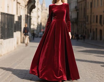 Vestido largo de terciopelo rojo vino para mujer, vestido de noche largo hasta el suelo con mangas largas, vestido formal de fiesta de invierno, vestido personalizado, vestido de otoño, vestido de fiesta.