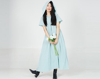 Women Linen Dress Hooded A-Line Dress Short Sleeve Flowy Maxi Dress Cottagecore Loose Gown Handmade Fairycore Tunic Dress Boho Linen Dress