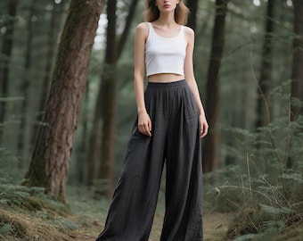 Women Linen Pants Wide Leg Pants with Pockets Elastic Waist Handmade Custom Pants Minimalist Summer Pants Long Pants Loose Casual Pants