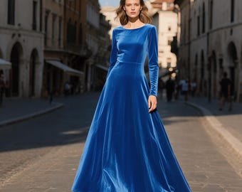 Royal Blue Velvet Dress for Women Long Sleeve Floor Length Gown Elegant Velvet Maxi Dress Formal Fall Winter Evening Dress or Party Outfit