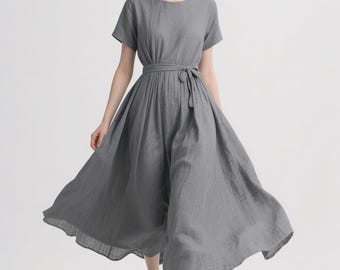 Modern Linen Maxi Dress Short Sleeve Round Neck Summer Dress with Belt Minimalist Flowy Linen Dress Swing Dress Women Dress Custom Dress