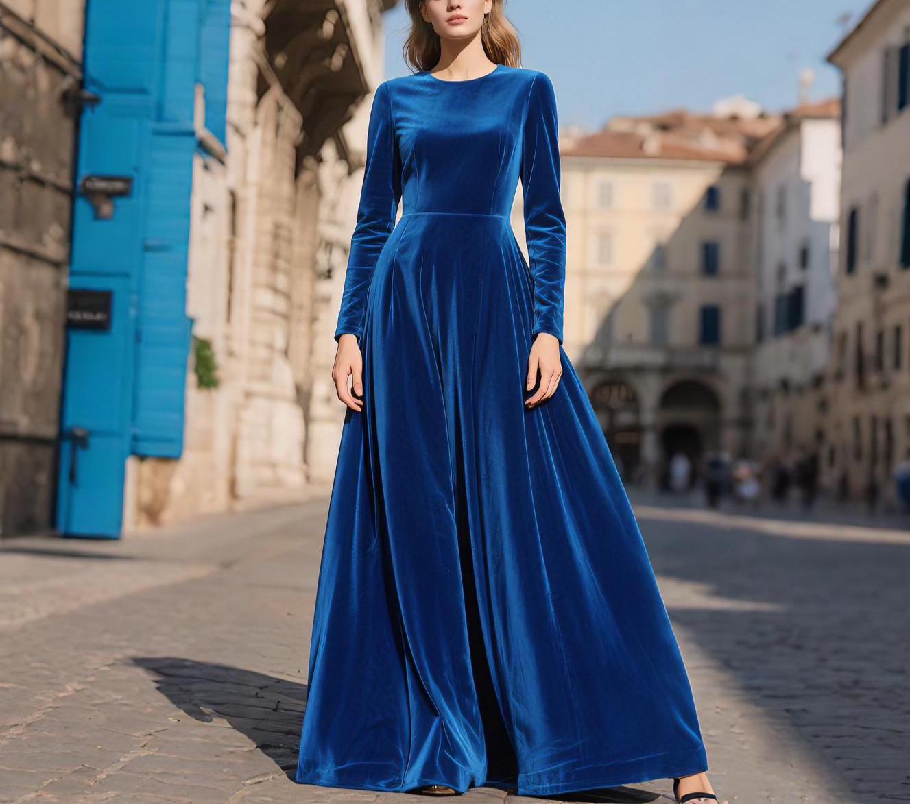 blue velvet dress for women Elven Blue Velvet Bell Sleeve Dress S