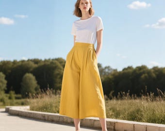 Women Linen Wide Leg Trousers with Side Pockets Elastic High Waist Summer Pants Breathable Travel Modest Trousers Custom All Season Pants