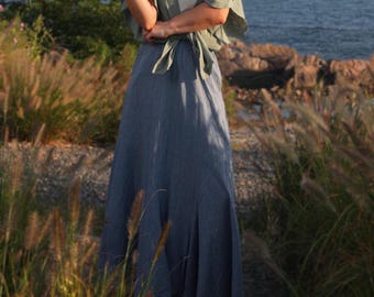 Blue Linen Maxi Skirt Elastic Waist Full-Length A-Line Linen Skirt with Pockets Casual Boho Summer Fall Long Skirt for Women Plus Size Skirt