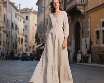 V-hals linnen maxi-jurk boho lange mouw cottagecore-jurk vloeiende gelaagde zoom handgemaakte jurk romantische bescheiden jurk lente zomer aangepaste jurk