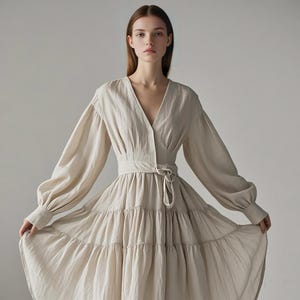 Handmade Tiered Linen Maxi Dress with Wrap Belt Cottagecore Long Sleeve Boho Summer Dress Bohemian Prairie Dress Romantic Dress Custom Dress