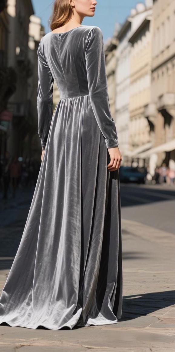 Gray Velvet Maxi Dress Women, Long Sleeve Floor Length Gown, Elegant Silver Velvet Evening Dress, Winter Formal or Holiday Party Outfit