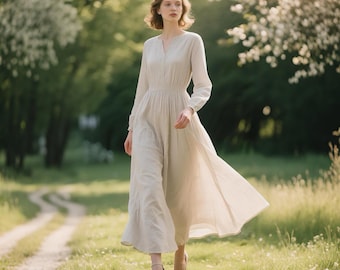 Vrouwen linnen maxi-jurk lange mouw V-split hals jurk elastische taille linnen jurk vloeiende a-lijn zomerjurk boho prairiejurk aangepaste jurk