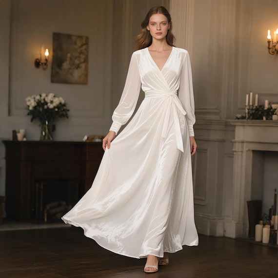 navy blue dress for baby girl White Velvet Wrap Maxi Dress Floor Length Long Sleeve Velvet Gown Elegant Fall Winter Wedding Dress Formal Evening Party Dress Custom Dress