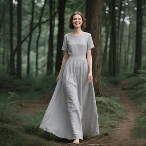 Linen Dress with Pockets Linen Maxi Dress Short Sleeves Casual Long Vintage Dress Comfortable Summer Dress Feminine Casual Gown Women Dress