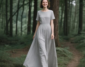 Linnen jurk met zakken Linnen maxi-jurk korte mouwen casual lange vintage jurk comfortabele zomerjurk vrouwelijke casual jurk vrouwen jurk