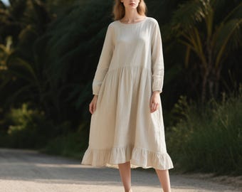 Natural Linen Midi Dress Long Sleeve Oversized Linen Dress with Ruffle Hem Summer Boho Dress Custom Fall Dress Plus Size Clothings