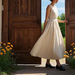 Vestido de lino elegante sin mangas, fluido, de verano, minimalista, corte A, estilo cottagecore, bohemio, chic, de lino, personalizado.