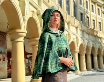 Green Wool Cape Coat Women, Winter Plaid Wool Cloak Coat with Hood, Woolen Poncho Jacket, Short Cape Cloak, Oversized Cape, Plus Size Cape