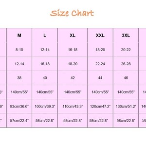 May include: A size chart with pink boxes and white text. The chart includes US, UK, and EU sizes, dress length in inches and centimeters, bust measurements in inches and centimeters, and sleeve length in inches and centimeters.