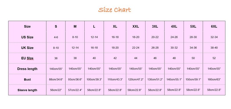 May include: A size chart with pink boxes and white text. The chart includes US, UK, and EU sizes, dress length in inches and centimeters, bust measurements in inches and centimeters, and sleeve length in inches and centimeters.
