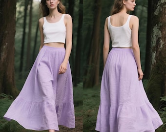 Falda larga de lino morado con capas, cremallera lateral, trabillas y bolsillos, estilo bohemio y fluido, para verano, personalizada.