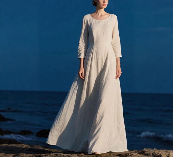 Elegant Long Linen Dress for Women White Maxi Dress With 3/4 Sleeves Boho  Beach Dress Fowy A-line Dress Spring Summer Dress Custom Dress - Etsy
