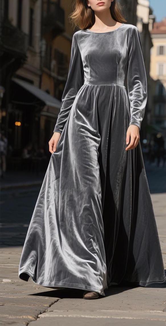 Gray Velvet Maxi Dress Women, Long Sleeve Floor Length Gown, Elegant Silver Velvet Evening Dress, Winter Formal or Holiday Party Outfit