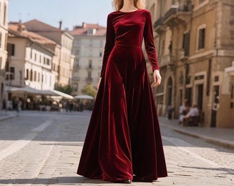Burgund Samt Maxi Kleid Lange Ärmel Elegante Bodenlange Kleid High Neck Formelle Abend Kleid Herbst Winter Kleid Hochzeit Gast Abschlussball Kleid