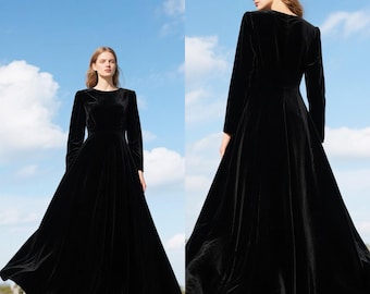 Black Velvet Maxi Dress Women Long Sleeve Dress Floor Length Elegant Formal Evening Gown Fall Winter Dress Holiday Party Dress Custom Dress