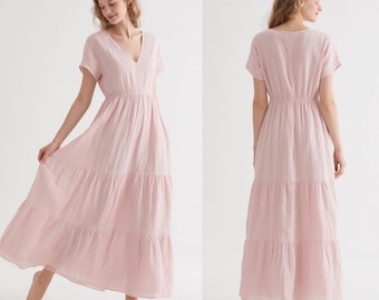 Handmade Linen Maxi Dress with Tiered Skirt V-Neck Summer Dress Flowing Custom-Fit Linen Gown Women Dress Kaftan Dress Garden Party Dress