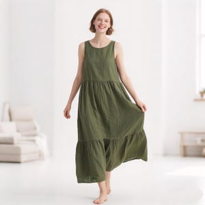 Vestido largo de lino para mujer, vestido verde de verano sin mangas con bolsillos, cuello redondo, corte en A, fluido, minimalista, bohemio, personalizado.