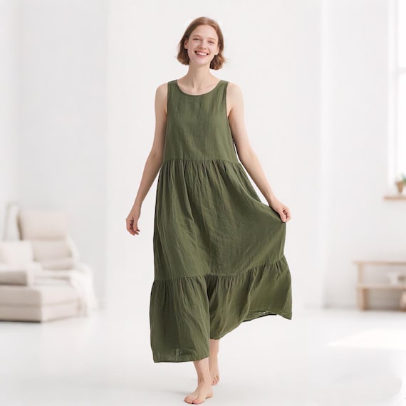Linen Maxi Dress for Women Summer Green Sleeveless Tiered Dress with Pockets Round Neck A-Line Flowy Sundress Minimalist Boho Custom Dress Linen Maxi Dress for Women Summer Green Sleeveless Tiered Dress with Pockets Round Neck A-Line Flowy Sundress Minimalist Boho Custom Dress